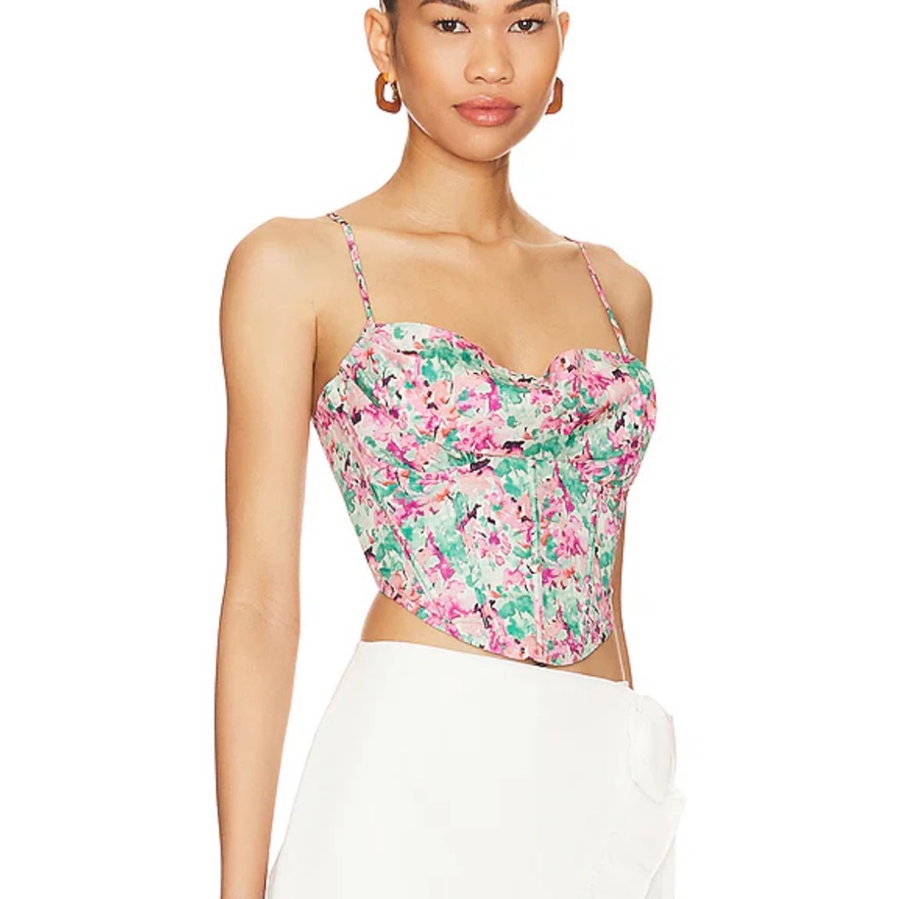 More To Come Melinda Drape Bustier Top in Green Floral